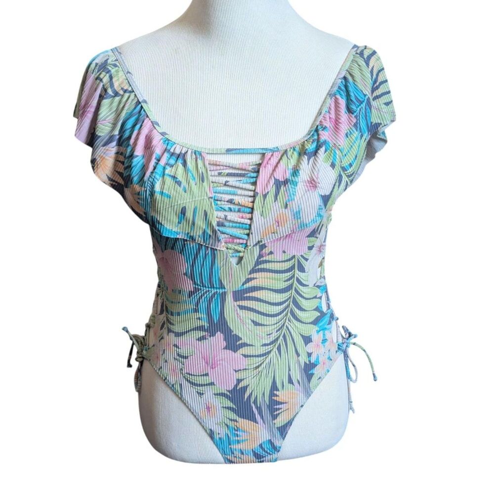 TiniBikini Swimwear Tropical Floral Ruffle Scallop One Piece Swimsuit XS